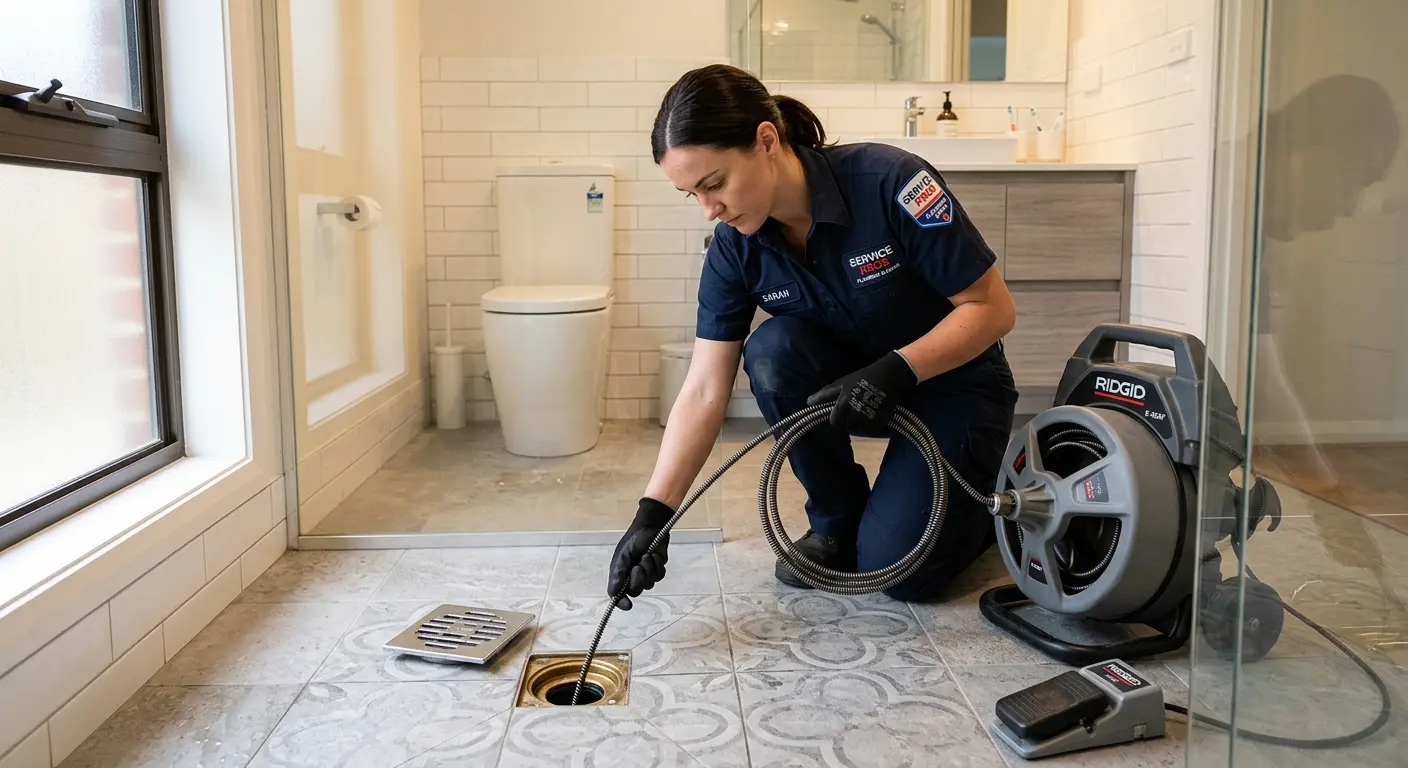 Technician clearing a bathroom floor drain for Hydro Jetting in Lancaster